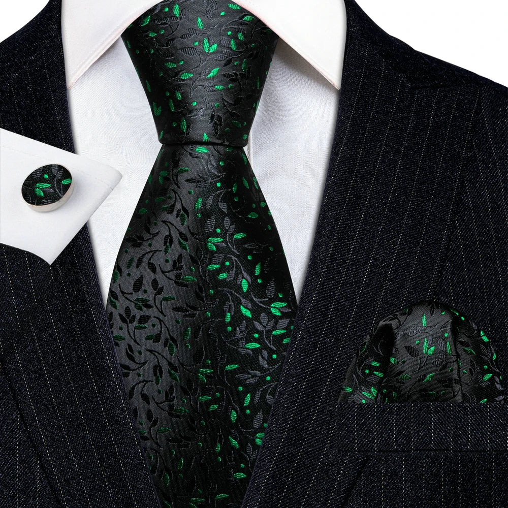 Luxury Silk Mens Ties Set Black Green Leaves Floral Neck Tie Handkerchief Cufflinks Set Wedding Business Party Barry·Wang 5938