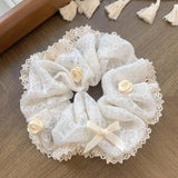French Lace Pearl Rose Flower Elastics Hair Band For Women Cream White Scrunchies Hair Ties Ponytail Holder Hair Accessories