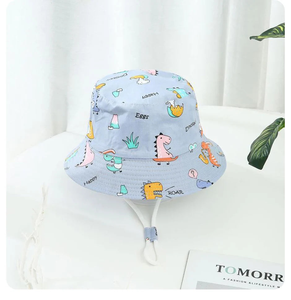 Cartoon Printing Baby Bucket Hat Cotton Breathable Kids Fisherman Hat Infant Toddle Sun Hat With Drawstring