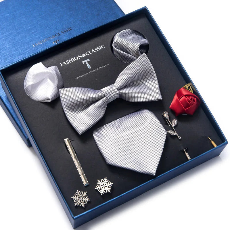 Brand Newest Design Silk Tie Set Handkerchief Pocket Squares Cufflink Bow Tie Clip Necktie Set Bussiness Wedding Suit Gift Box