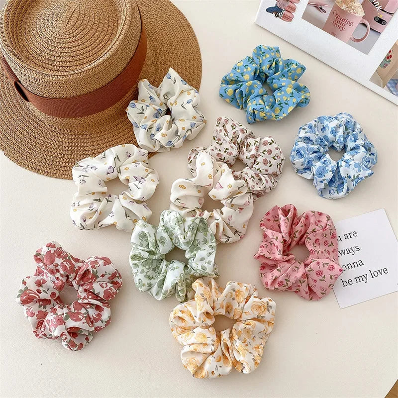 2 Pcs Korean Hair Accessories Women Small Fresh Fabric Flower Printing Elastics Hair Band Scrunchies Hair Tie Girl Ponytail Hold