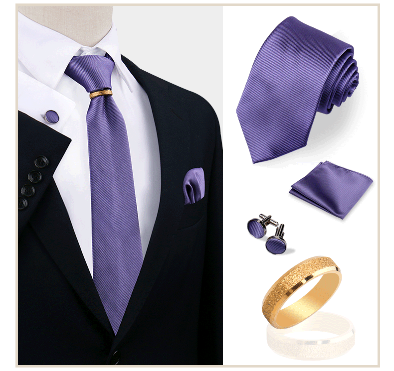 Luxury Solid Silk Ties Set For Men Necktie Handkerchief Cufflinks With Gold Metal Ring Brooch Suit Wedding Party Men Accessories