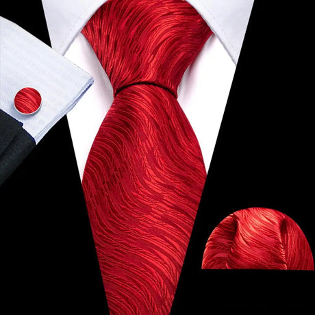 Barry.Wang Red Maroon Burgundy Rose Silk Men's Tie Pocket Square Cufflinks Set Jacquard Necktie for Male Wedding Business Party