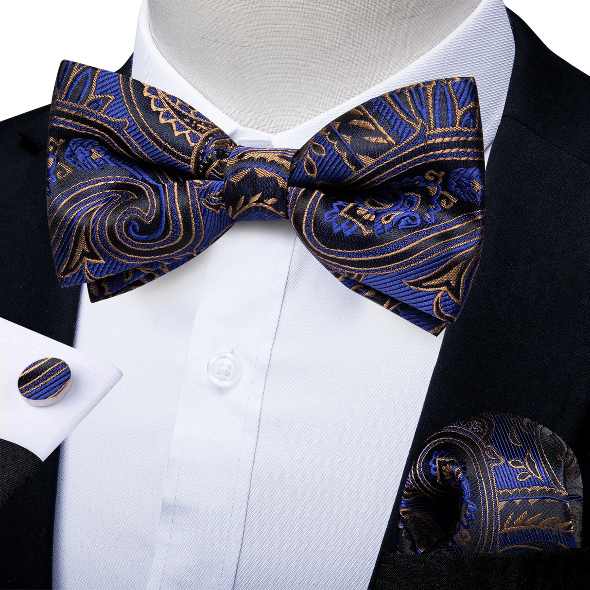 Classic Black Men Bow Ties 100% Silk Bowties Butterfly Pocket Square Cufflinks Set Suit Paisley Gold Pre-Tied Bow Tie DiBanGu