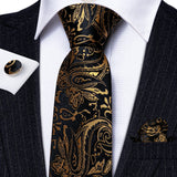 Barry.Wang Gold Black Jacquard Silk Mens Tie Hanky Cufflink Brooch Set Floral Paisley Necktie Pin For Male Wedding Business Gift