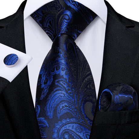 Elegant Blue Floral Paisley Men's 8cm Silk Tie Set with Pocket Square Cufflinks Business Suits Accessories Groom Wedding Cravat