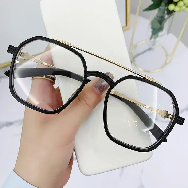 Blue Light Blocking Eye Protection Myopia Eyeglasses Fashion Double Beam Metal Glasses Women Trend Retro Plain Face Eyewear Men