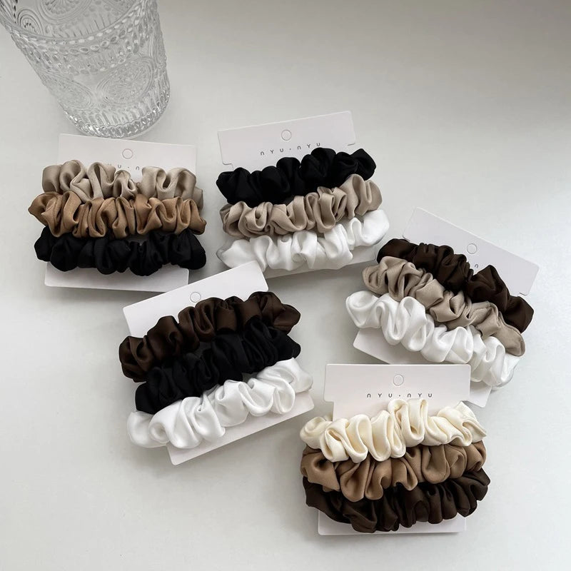 Silk Elastic Hair Bands Ponytail Holder Hair Tie Handmade White Black Coffee Hair Elastics 3Pcs Silky Satin Scrunchies Headwear