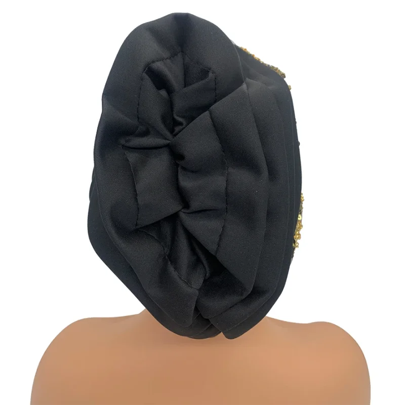African Female Wrap Head Bonnet Muslim Turban Hat Lady Head Wraps Glitter Luminescence Beading Pleated Turban Cap for Women