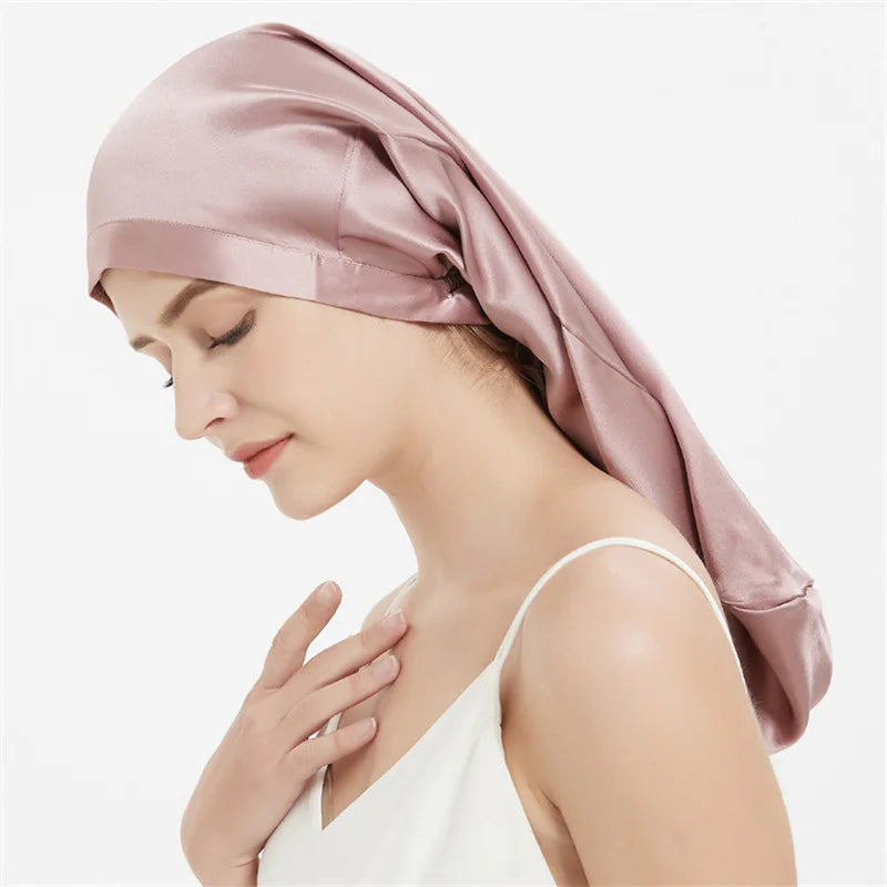 100% Mulberry Silk Sleep Cap for Long & Curly Hair Nightcap with Adjustable Hair Wrap for Woman