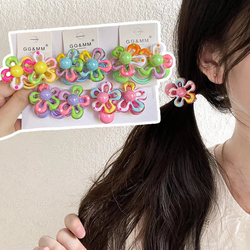 Elastic Hair Bands for Children, Hair Ropes, Color Blocked Flowers, Princess Cute Headwear, Girls Hair Accessories, New, 2Pcs