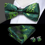 Hi-Tie Christmas Green Bow Ties for Men Silk Butterfly Tie Bow Tie Hanky Cufflinks Set Wedding Party Paisley Plaid Solid Bowtie