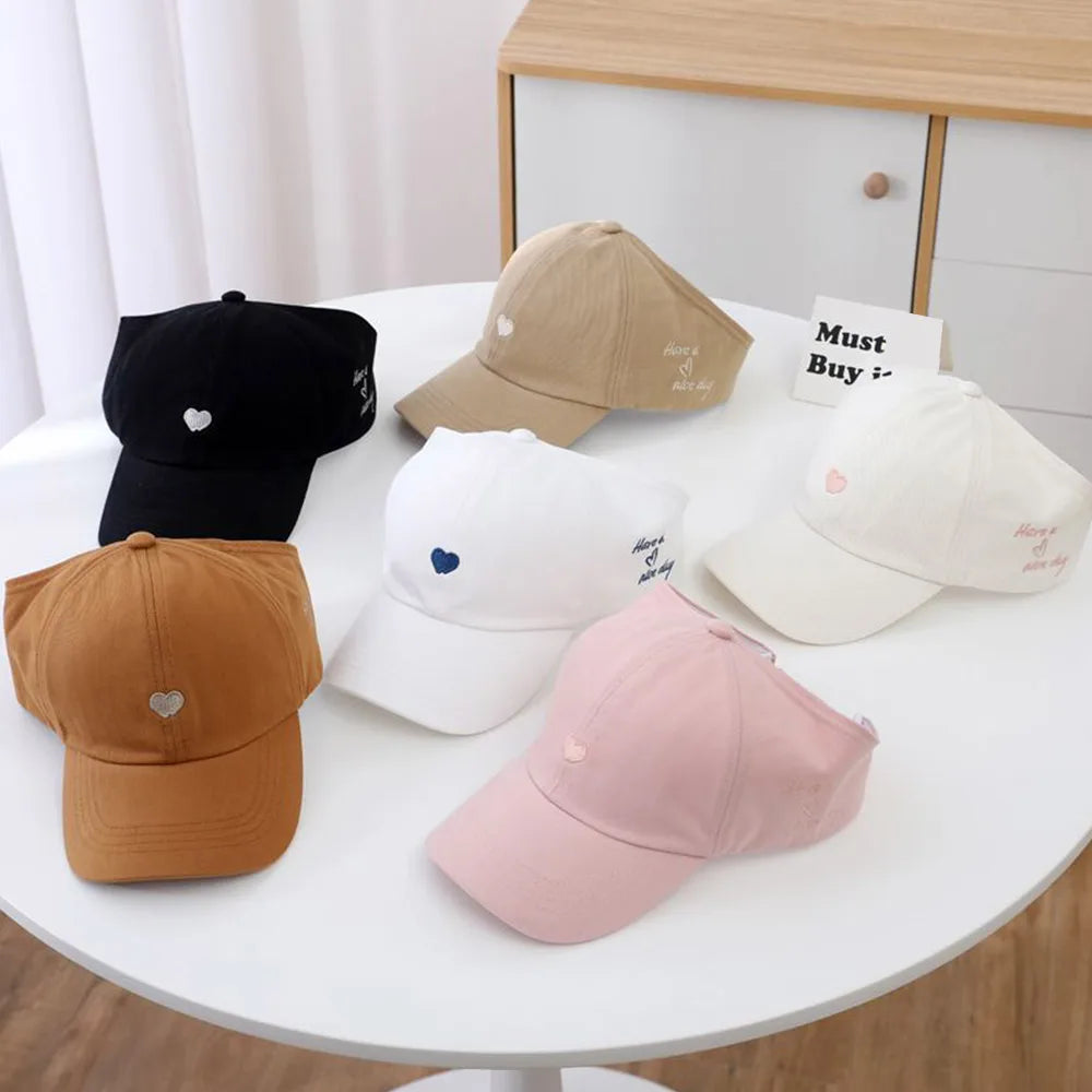 Love Heart Kids Baseball Caps Adjustable Large Brim Sun Hat Solid Color Hollow High Ponytail Caps for Boys Girls