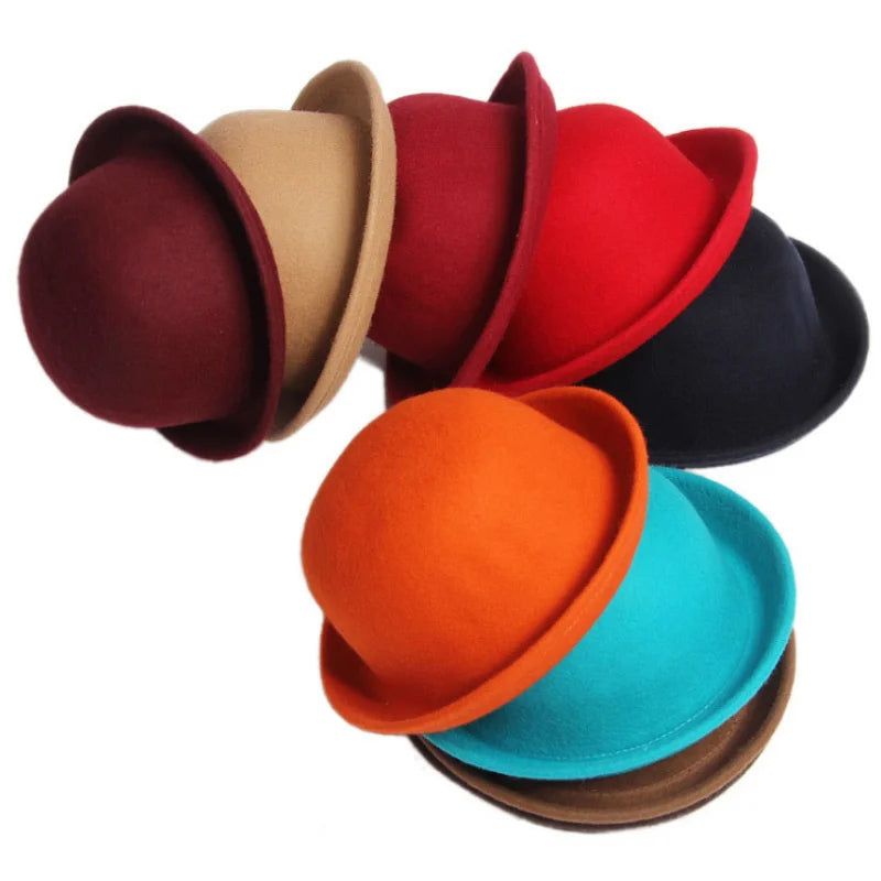 Adult Children Flat-top Fedora Hat Pure Color Imitation Wool Jazz Hat Wide Brim Ladies Elegant Round Hat Bowler Hat