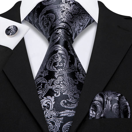 Fashion Mens Ties Set Silk Gray Black Silver White Striped Plaid Solid Paisley Floral Neck Tie Hankderchief Cufflinks Barry·Wang