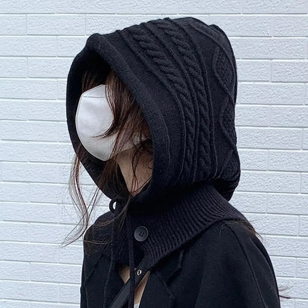 New Knitted Balaclava Hats For Women Hooded Caps Outdoor Winter Warmer Drawstring Hat One-Piece Neck Collar Cycling Beanies Caps