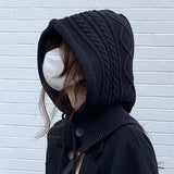 New Knitted Balaclava Hats For Women Hooded Caps Outdoor Winter Warmer Drawstring Hat One-Piece Neck Collar Cycling Beanies Caps