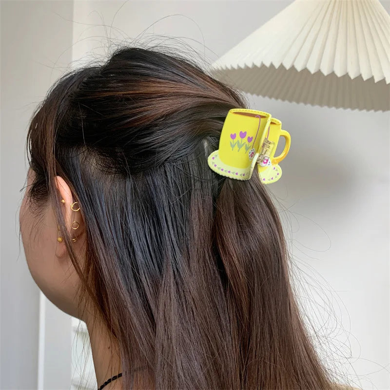 Sweet Cute Plastic Pastoral Flower Print Cup Shark Hairpin For Women Girls New Cute Vase Shape Hair Clip Claw Accessories