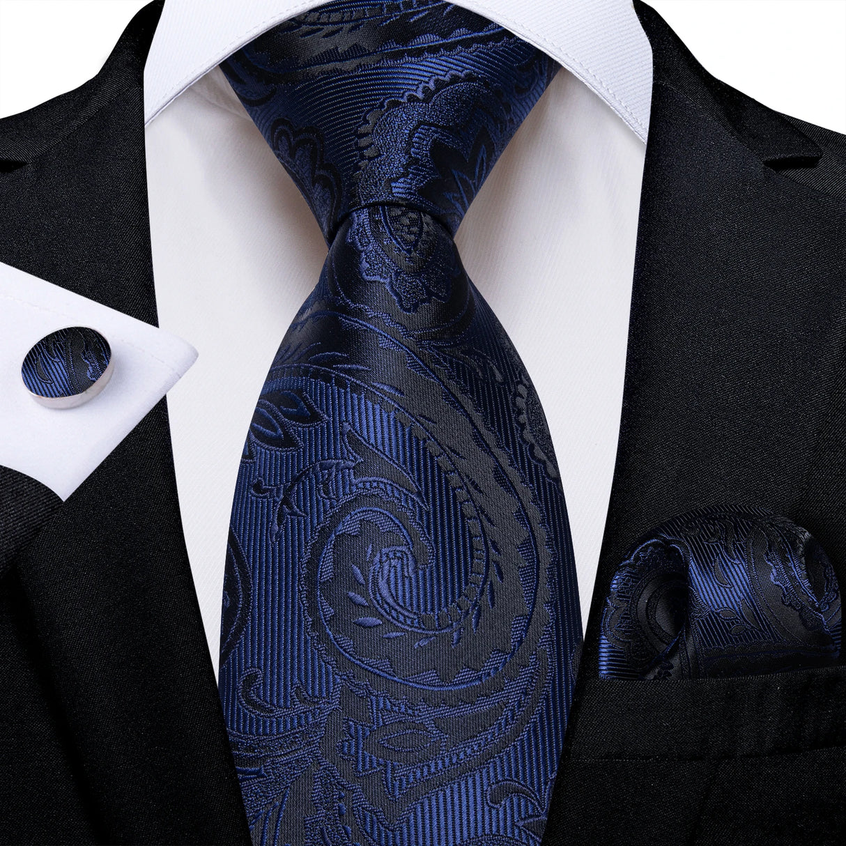 Elegant Blue Floral Paisley Men's 8cm Silk Tie Set with Pocket Square Cufflinks Business Suits Accessories Groom Wedding Cravat