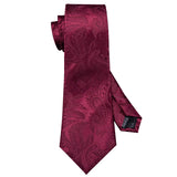 Barry.Wang Red Maroon Burgundy Rose Silk Men's Tie Pocket Square Cufflinks Set Jacquard Necktie for Male Wedding Business Party