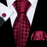 Barry.Wang Red Maroon Burgundy Rose Silk Men's Tie Pocket Square Cufflinks Set Jacquard Necktie for Male Wedding Business Party