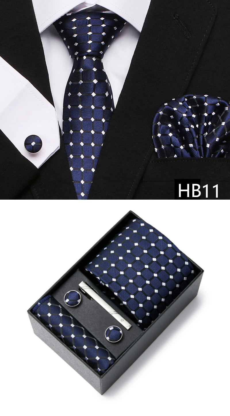 Gravatas For Men Newest design Silk Tie Handkerchief Cufflink Set Necktie Box Striped Blue Office