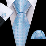 New Blue Silk Ties High Quality For Men Classic Plaid Woven Handkerchife Cufflinks Sets Groom Wedding Designer Barry.Wang 1535