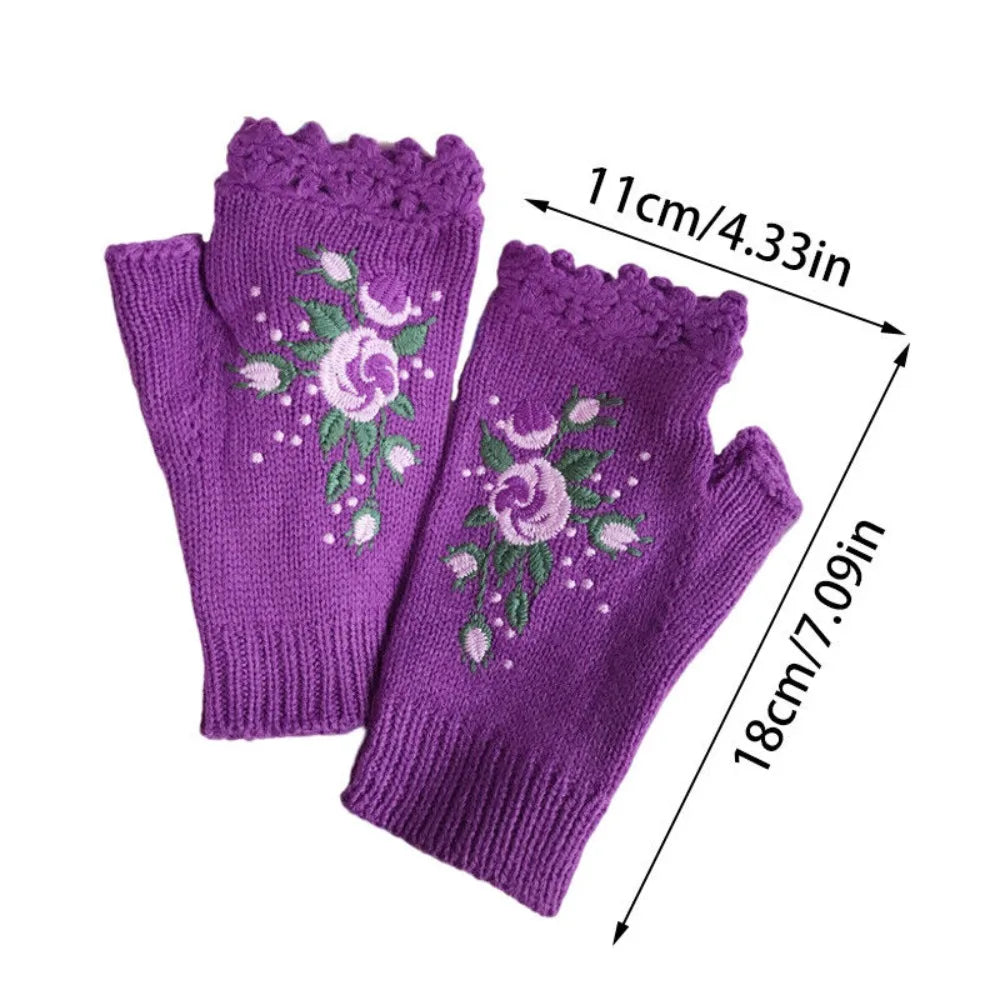 Floral Bee Embroidery Knitted Fingerless Gloves Comfortable Keep Warm Thumb Holes Flower Mittens Wrist Length Mittens Winter