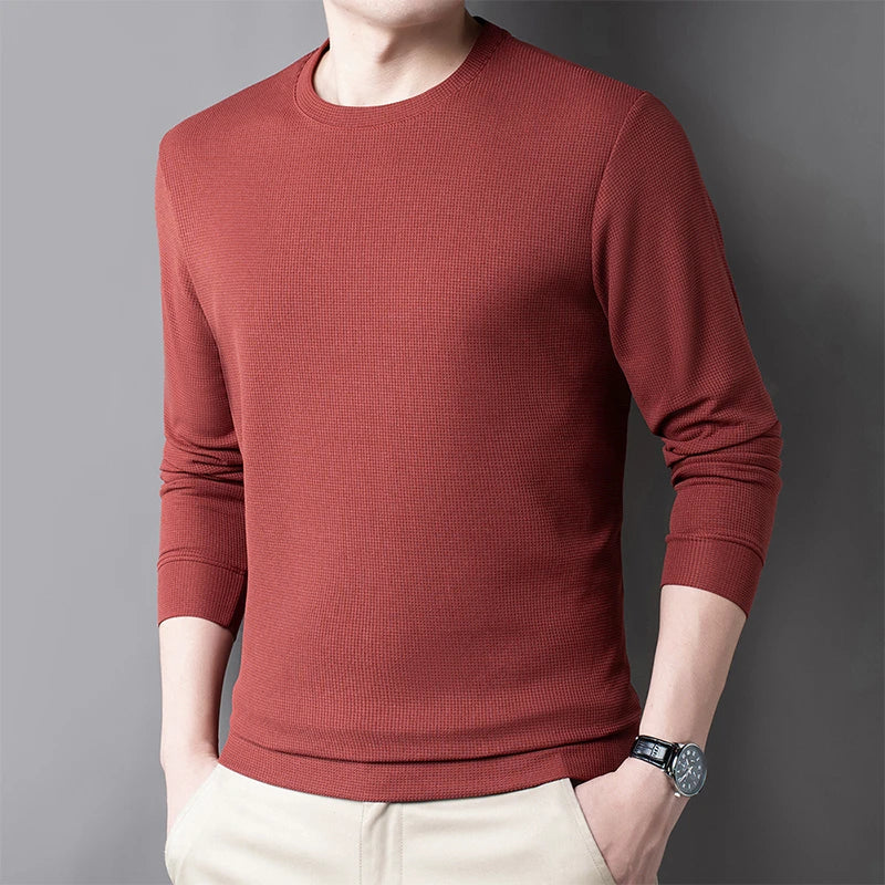 2024 Men's Casual Fashion Long Sleeved Round Neck T-shirt Waffle Comfortable Top