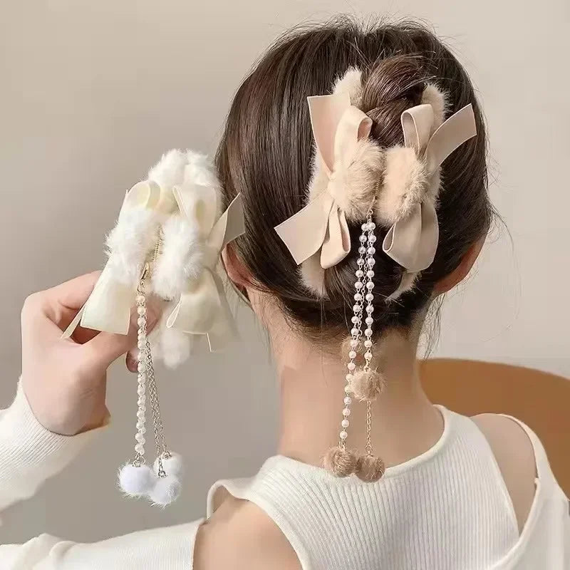 New Fashion Bow Tassel Pendant Hair Clips Korea Ponytail Plush Shark Claw Girls Fall and Winter Gift Hair Accessories