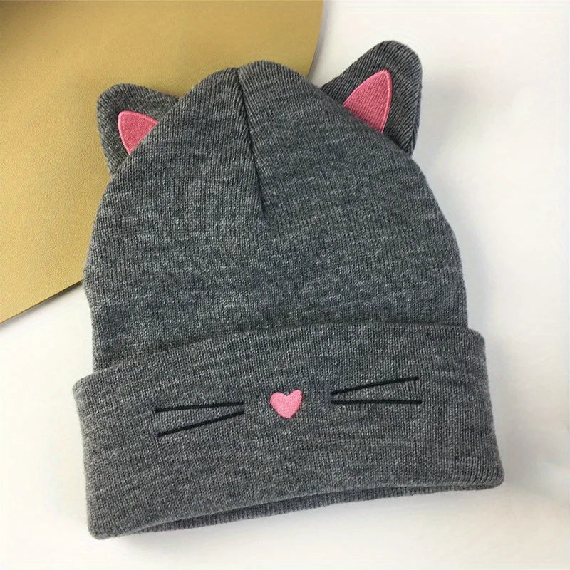 Cute Cat Embroidery Brimless Cap Outdoor Warm Ear Protection Cat's Ears Pullover Hat Woman Autumn and Winter Soft Head Cap