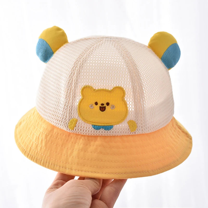 Summer Breathable Mesh Baby Hat Cute Bear Infant Boy Girl Bucket Hats Korean Cartoon Toddler Kids Casual Fisherman Cap