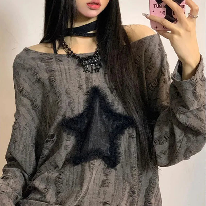 Y2K Hole Star Print T-Shirt Women Fashion Streetwear Off Shoulder Tops Summer Oversized Kpop Long Sleeve Loose Tees Ladies New