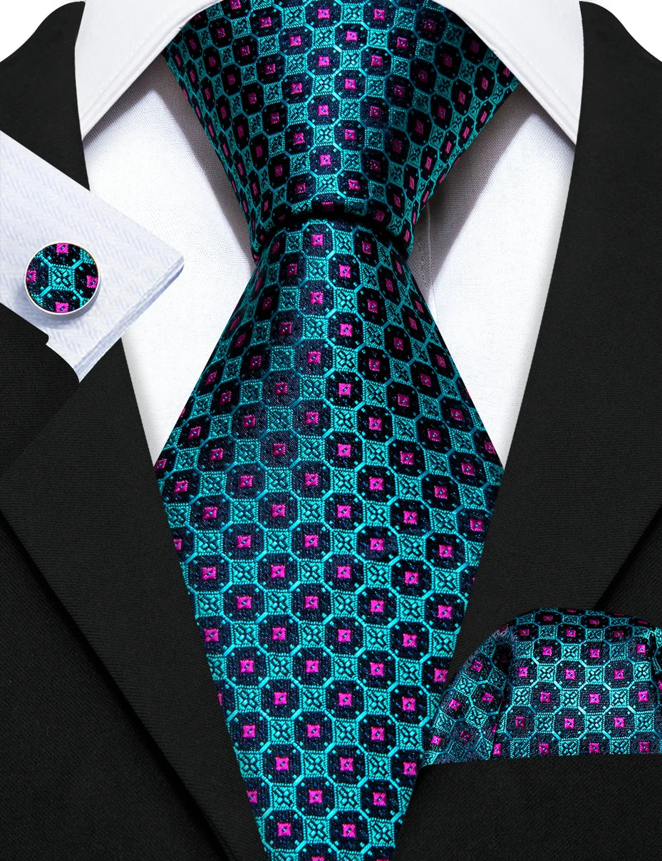 Novelty Teal Dots Tie For Men Fashion Trend Neck-Tie Woven Pocket Square Cufflinks Set Party Business Designer Barry.Wang FA-635