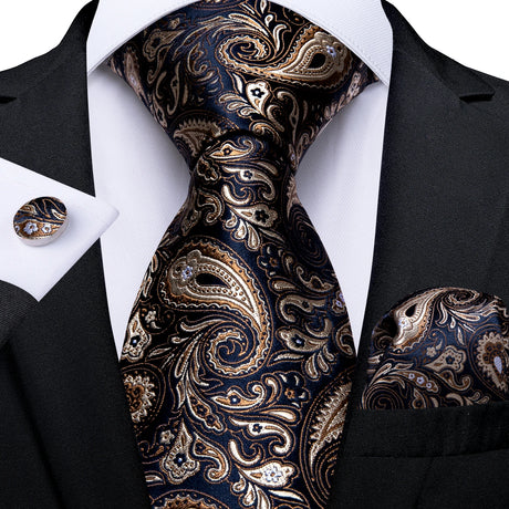 Elegant Blue Floral Paisley Men's 8cm Silk Tie Set with Pocket Square Cufflinks Business Suits Accessories Groom Wedding Cravat