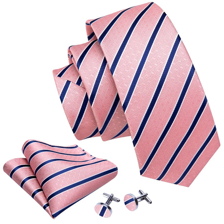 Elegant Pink Ties For Men Luxury Silk Stripe Pocket Square Cufflinks Set Fashion Male Necktie Groom Wedding Gift Barry.Wang 5090