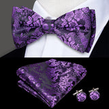 Hi-Tie Brand Silk Pre-tied Men's Bow Tie Hanky Cufflinks Set Bowtie for Male Jacquard Solid Paisley Floral Wedding Business Gift