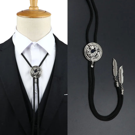 Vintage Bolo Tie Shirt Chain Cowboy Jazz Alloy Men Women Leather Rope Long Necklace Imitation Obsidian Sweater Chain Men Accesso