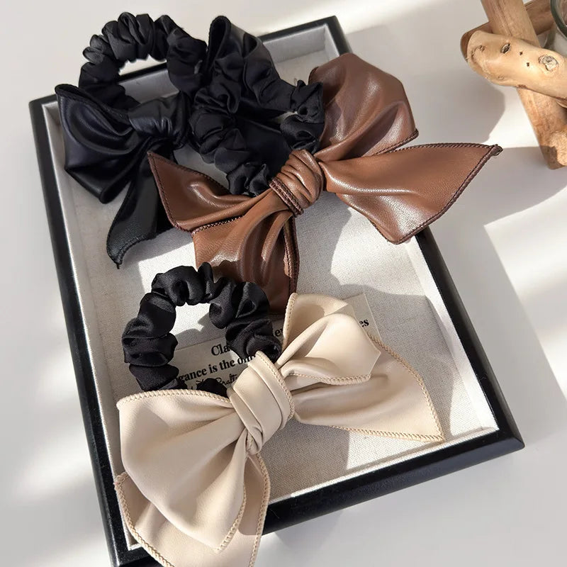 Leather Bow Elastic Hair Bands Fashion Hair Accessories Elastic Headband Scrunchies Ponytail Holder Rubber Bands Hair Rope Ties