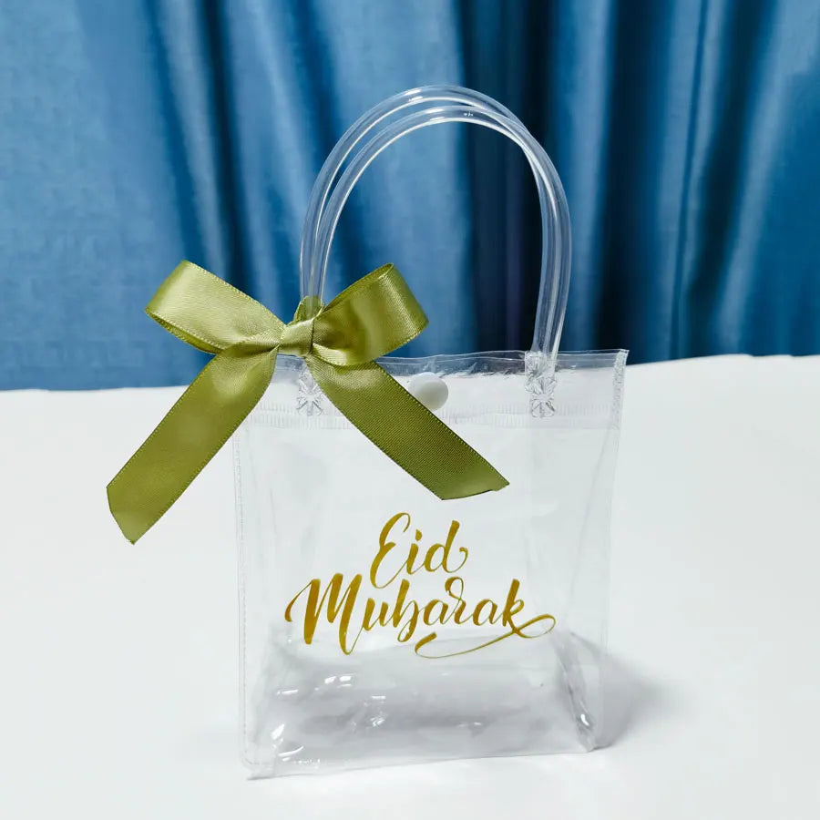 10Pcs Eid Mubarak Clear Gift Bags with Handle Ribbons Reusable Transparent PVC Bag for Islamic Muslim Party Favor Decorations