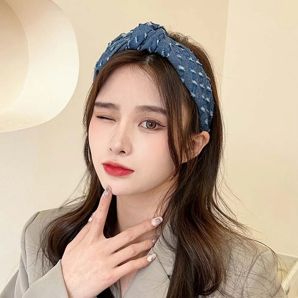 Women Denim Cloth Knotted Headbands Hairbands Headdress INS Fashion Cool Cowboy Wide Head Bands Hair Hoops