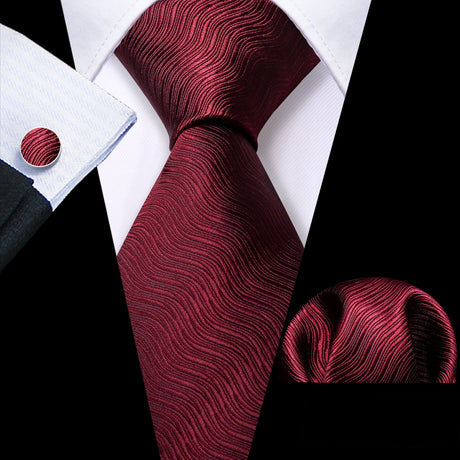 Barry.Wang Red Maroon Burgundy Rose Silk Men's Tie Pocket Square Cufflinks Set Jacquard Necktie for Male Wedding Business Party