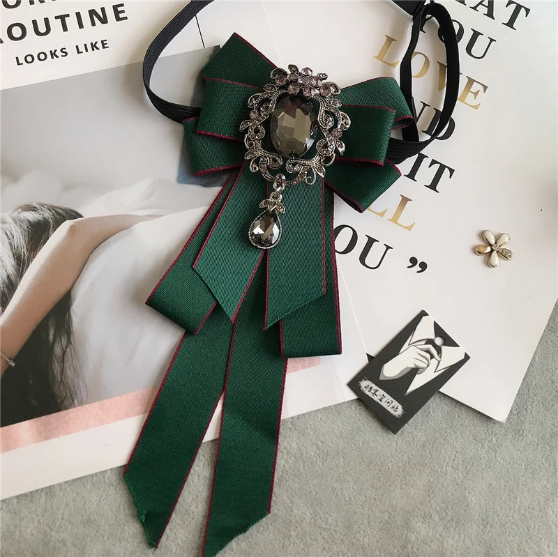 Rhinestone Bow Tie Women's Graduation Photo Student School Uniform Tie Ribbon Sweet Literary and Art Plaid Bowtie Collar Flower