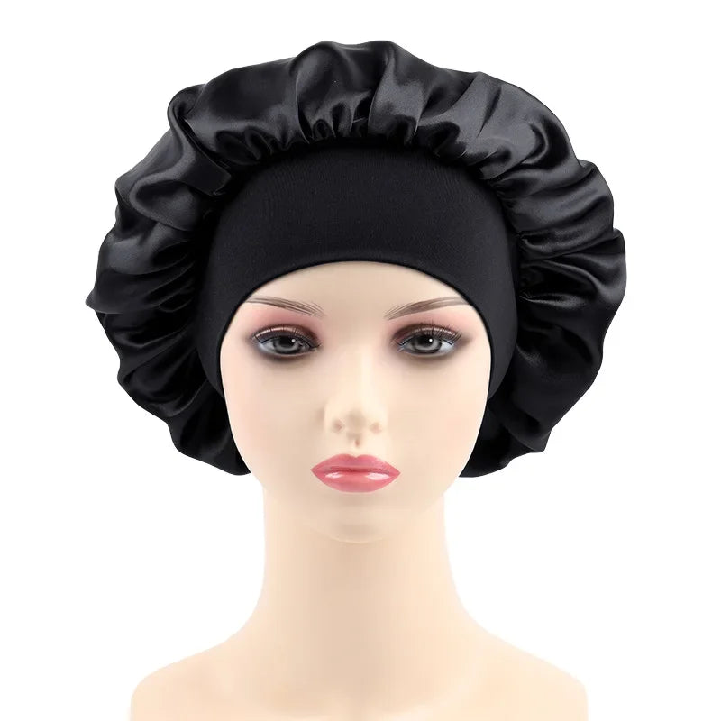 Women's Satin Solid Elastic Wide-brimmed Sleeping Hat Unisex Head Wrap Elastic Band Cap Hair Care Bonnet Night Hat bonnet