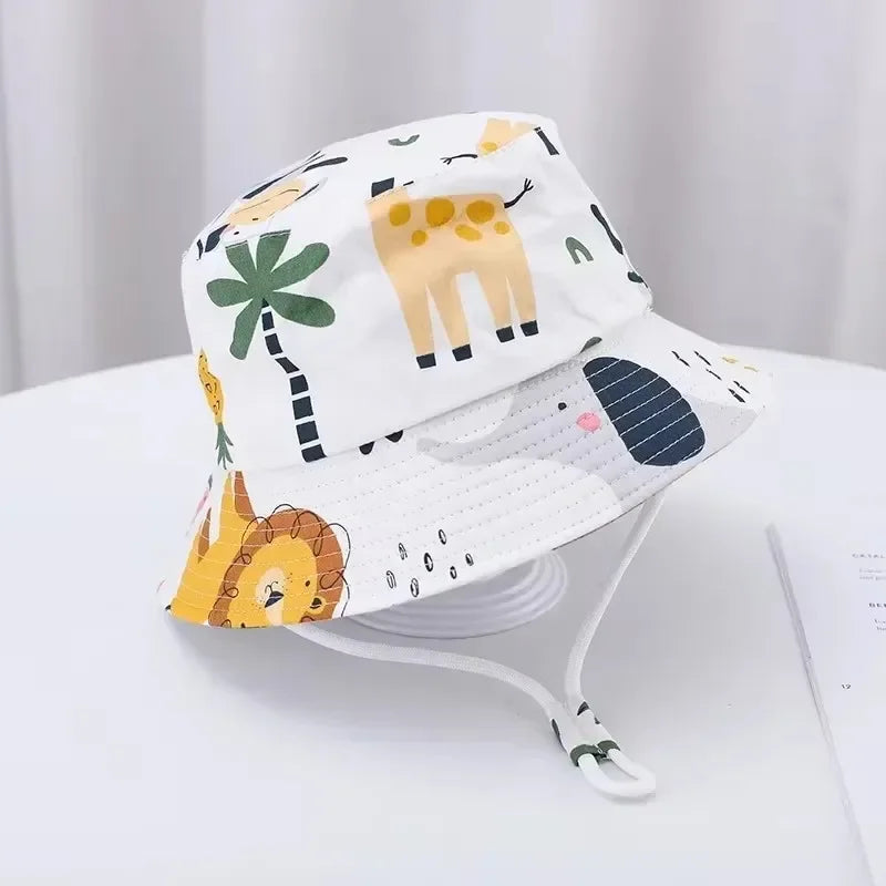 Cute Cartoon Printing Bucket Baby Hat Cotton Breathable Kids Fisherman Hat Infant Toddle Sun Hat with Drawstring for 1-5 Years