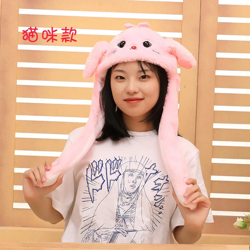 Plush Moving Rabbit Ears Hat Funny Hand Pinching Airbag Magnet Soft Hat Controllable Long Ears Cute Animal Gift Rabbit Ear Hat