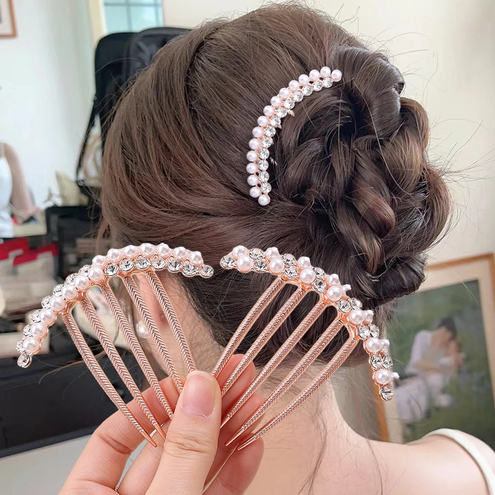 Elegant Pearl Hair Combs Hairpin Women Luxury Crystal Bun Decor Wedding Bridal Hair Claw Clips Hair Jewelry Accessories