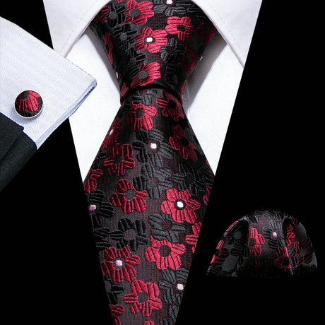 Red Silk Wedding Necktie Jacquard Woven Striped Ties For Men Tie Handkerchief Cufflink Set Barry.Wang Fashion Designer FA-5028