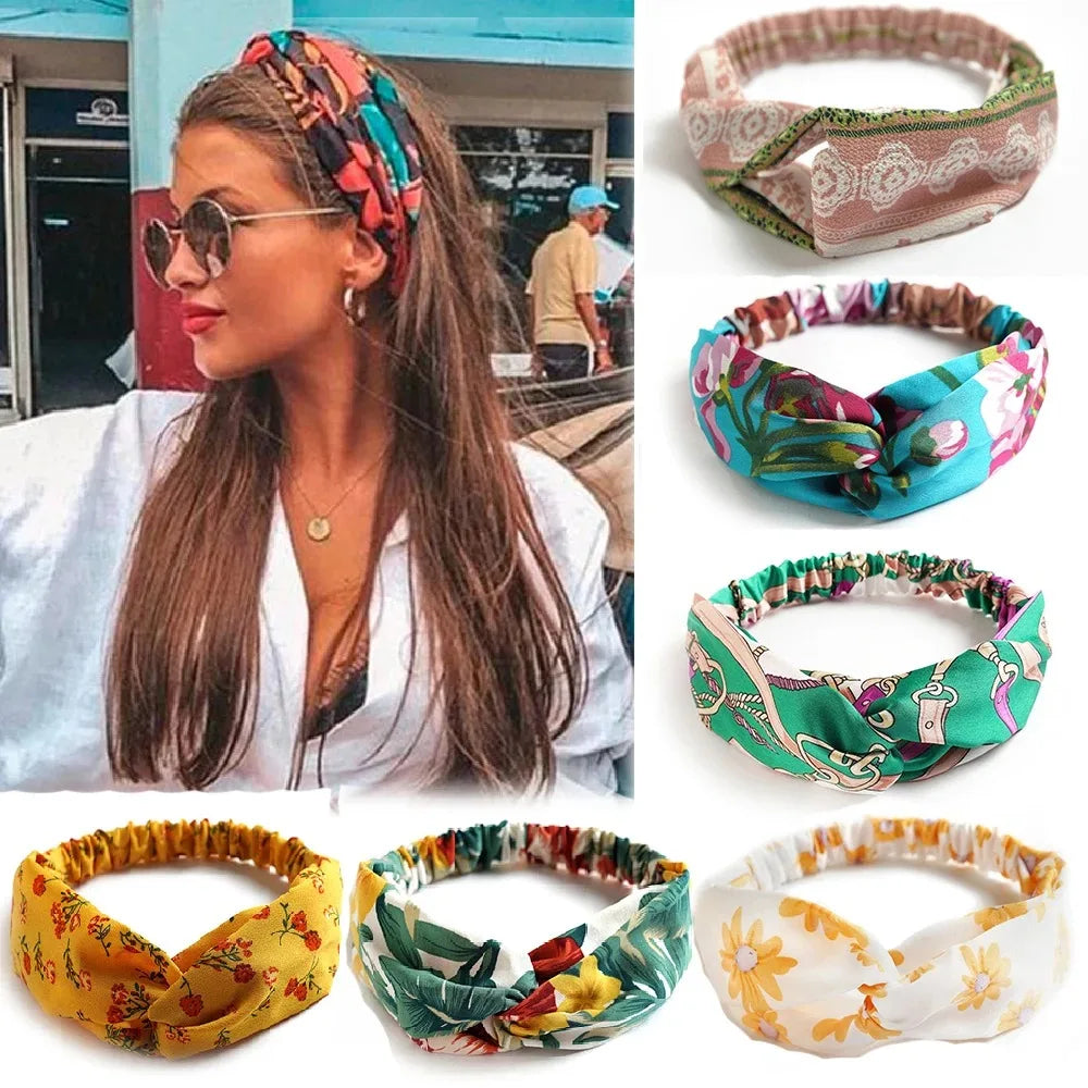 Fashion Headband Non Slip Bohemian Women Headwrap Vintage Cross Elastic Turban Headwear Print Yoga Hair Band Wide Hairband
