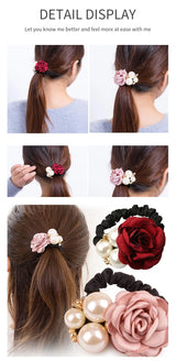 Pearl Rose Flower Hair Elastics Bands Hair Ties Stretchy Rubber Hairbands Floral Headbands Scrunchies Ponytail Holder